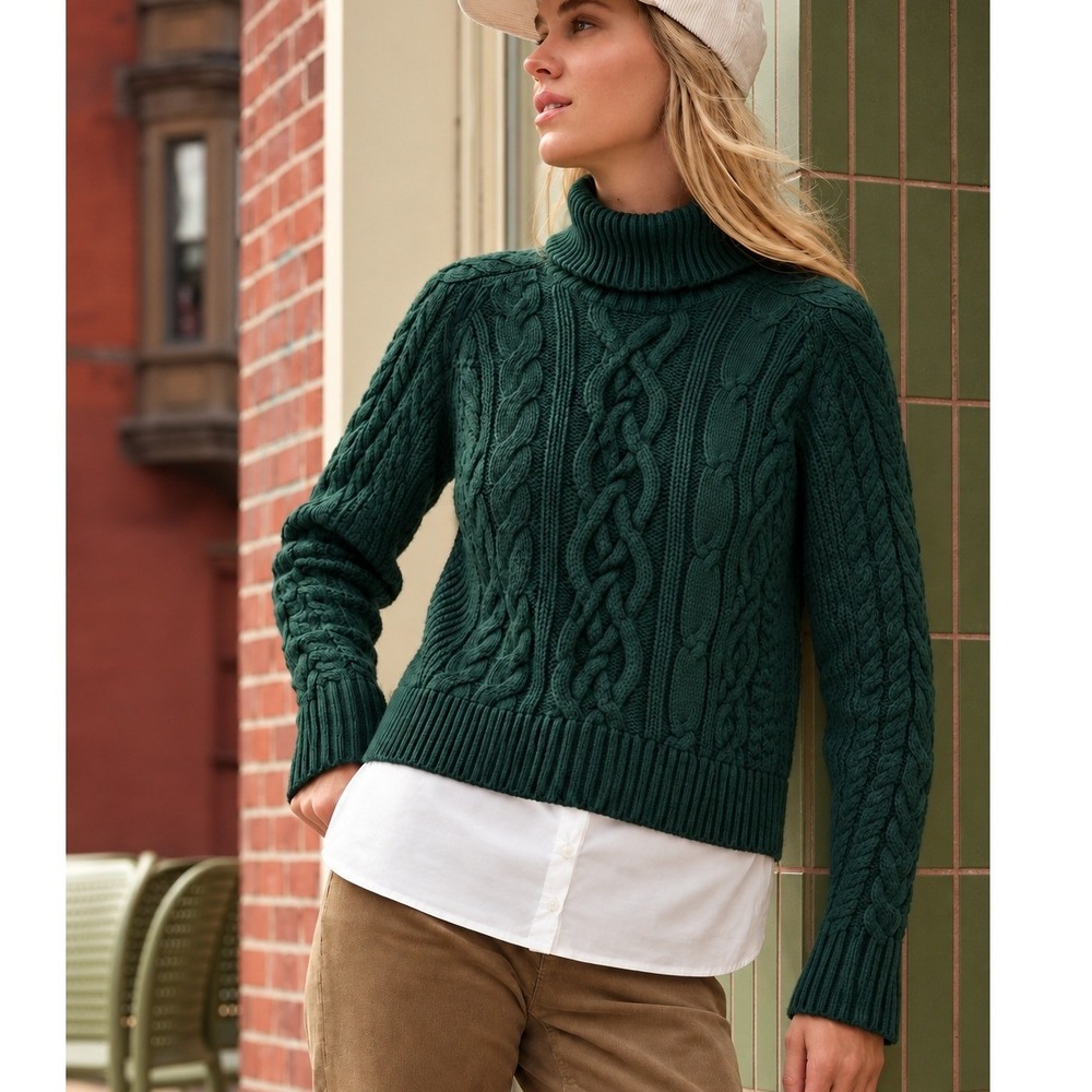 Lands End Drifter Womens M 10-12 Cotton Cable Knit Roll Neck Sweater Dark Green